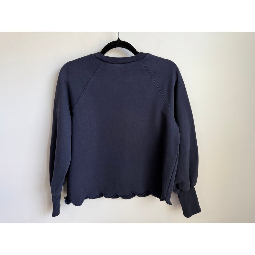 FRAME Scallop Balloon Sleeve Crew Neck Fleece Sweatshirt Navy Women's Size S - Picture 8 of 8